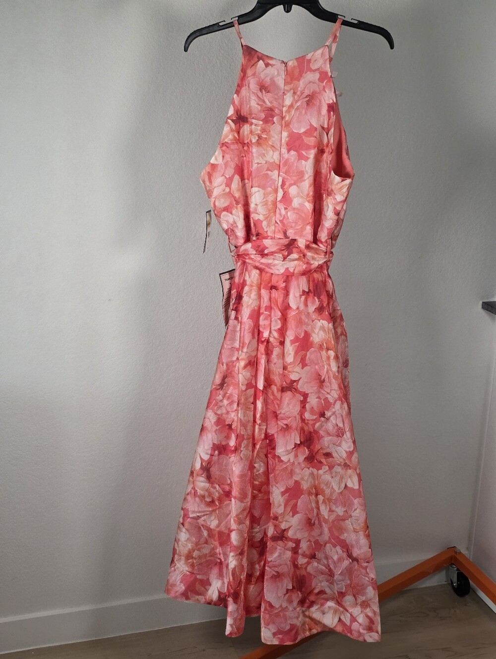 Just Taylor NWT Size 14 Pink Floral Halter Maxi Dress Rosette Belted MSRP $198 - Picture 11 of 13